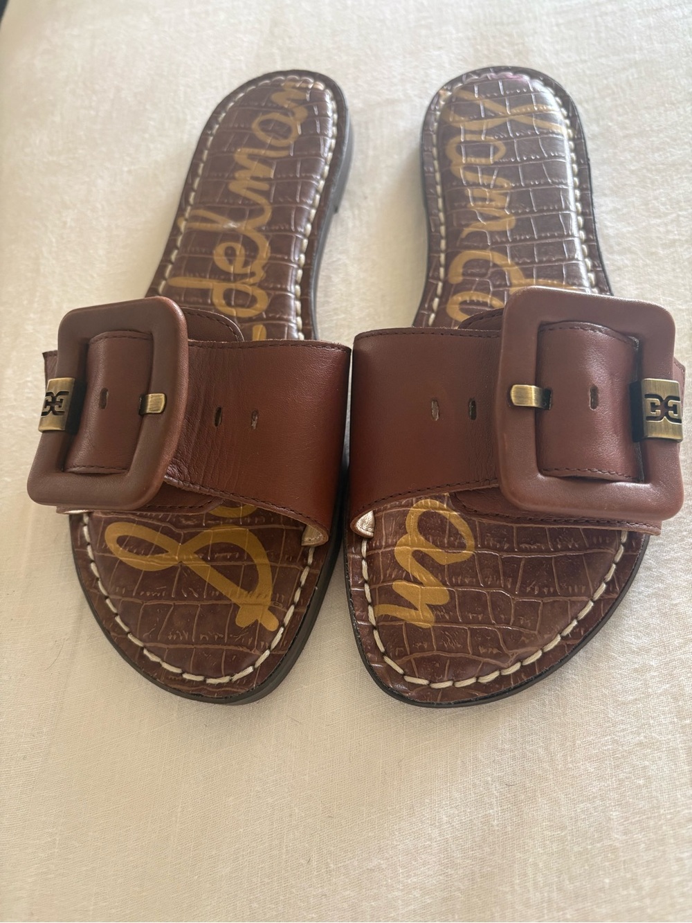 Sam Edelman Brown Leather Buckle Slide Sandals